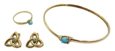 9ct gold turquoise and diamond bangle, pair of 14ct turquoise clip on earrings and a 8ct gold turquo