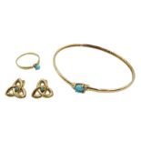 9ct gold turquoise and diamond bangle, pair of 14ct turquoise clip on earrings and a 8ct gold turquo