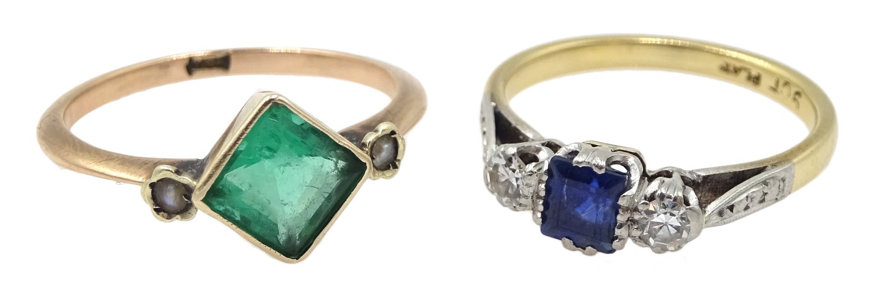 Gold sapphire and diamond ring, stamped Plat 9ct and gold emerald and split seed pearl ring, stamped