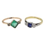 Gold sapphire and diamond ring, stamped Plat 9ct and gold emerald and split seed pearl ring, stamped