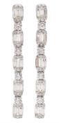 Pair of 18ct white gold baguette and round brilliant cut diamond pendant earrings, stamped K18, diam