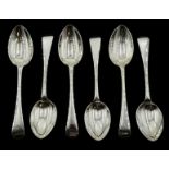 Set of six Edwardian silver dessert spoons, Old English and Pip pattern by Joseph Rodgers & Sons, Sh