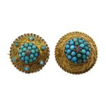Two Victorian gold turquoise circular dome design brooches, both set with a single diamond and with