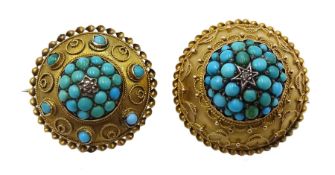 Two Victorian gold turquoise circular dome design brooches, both set with a single diamond and with