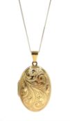 Gold locket pendant, engraved decoration on gold chain, both 9ct hallmarked or stamped, approx 5.3gm