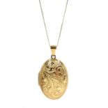 Gold locket pendant, engraved decoration on gold chain, both 9ct hallmarked or stamped, approx 5.3gm