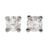 Pair of 18ct white gold single stone diamond stud earrings, stamped 750, diamond total weight 0.40 c