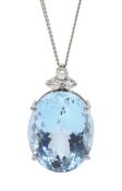 18ct white gold oval aquamarine and three stone diamond pendant, aquamarine approx 17.00 carat, on a
