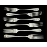 Set of six Victorian silver forks, Old English and Pip pattern, with engraved initial 'S' by Thomas