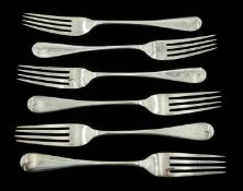 Set of six Victorian silver forks, Old English and Pip pattern, with engraved initial 'S' by Thomas