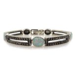 Silver opal and marcasite link bracelet, stamped 925