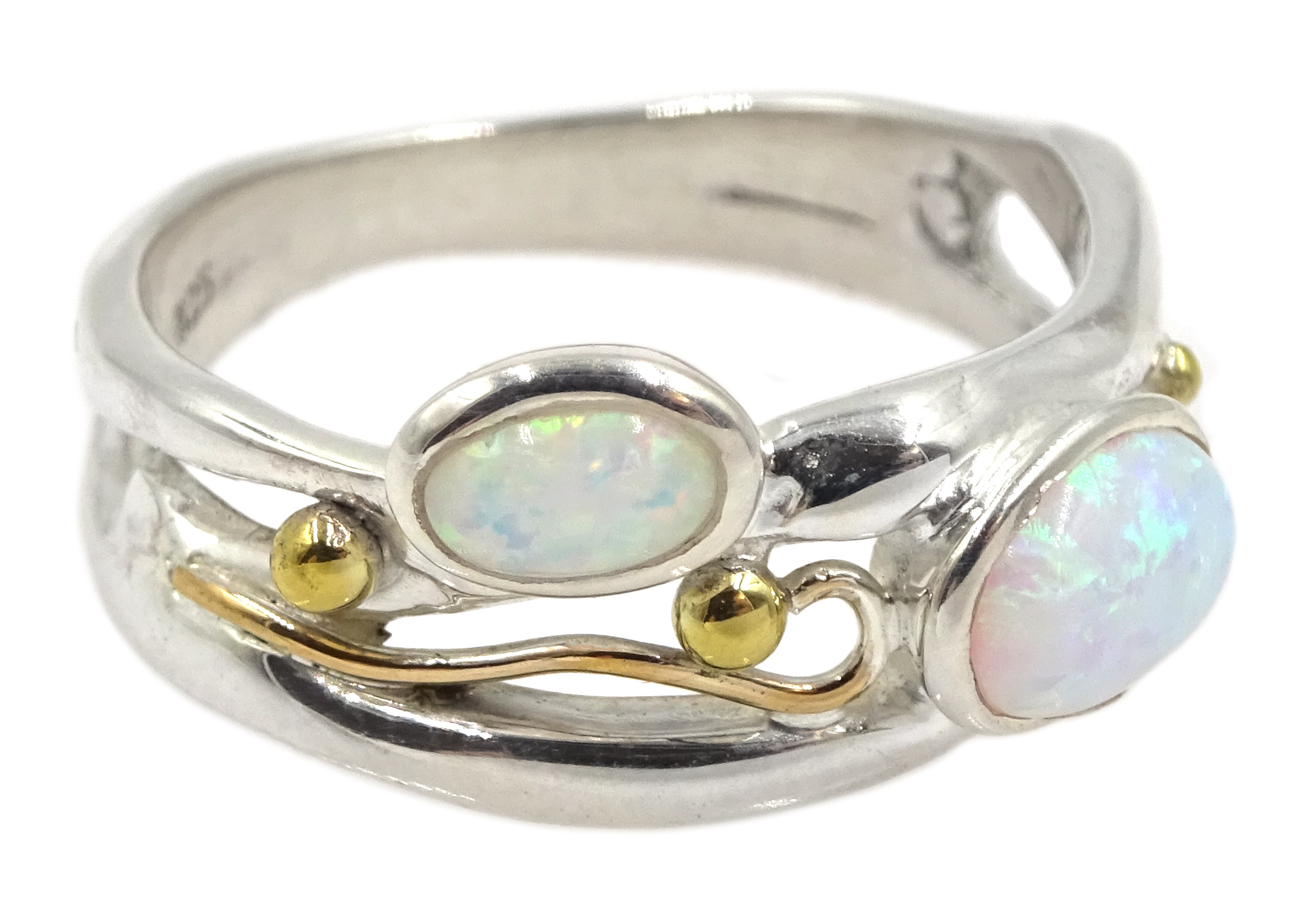 Silver and 14ct gold wire opal ring, stamped 925 - Image 4 of 5