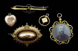 Edwardian gold photograph pendant Birmingham 1909, Victorian gold brooch, gold amethyst bar brooch,