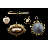 Edwardian gold photograph pendant Birmingham 1909, Victorian gold brooch, gold amethyst bar brooch,