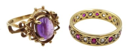 9ct gold cabochon amethyst ring and a 9ct gold stone set eternity ring, hallmarked or stamped