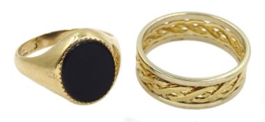 Gold weave design band and a gold black onyx signet ring, both hallmarked 9ct