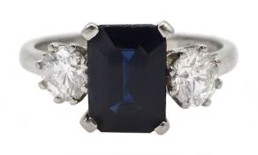 Platinum three stone sapphire and round brilliant cut diamond ring, hallmarked, sapphire appor 2.00