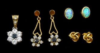 Gold opal stud earrings, pair of gold knot earrings, pair of stone set earrings and matching pendant