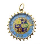 Victorian 1893 shilling, with gilt and enamel decoration, in 9ct gold and glass mount