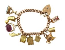 9ct gold curb link chain bracelet, with heart padlock, eight 9ct gold charms including swivel fob, b