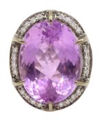 18ct white gold large oval kunzite and diamond cluster ring, hallmarked