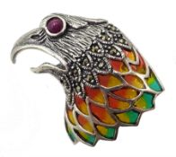 Silver plique-a-jour , marcasite and ruby eagle brooch, stamped 925