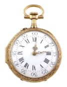 Early 20th century 18ct gold top wind fob pocket watch, the reverse with applied birds in a garden s