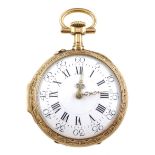 Early 20th century 18ct gold top wind fob pocket watch, the reverse with applied birds in a garden s