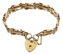9ct gold three bar link bracelet with heart locket, hallmarked, approx 7.9gm