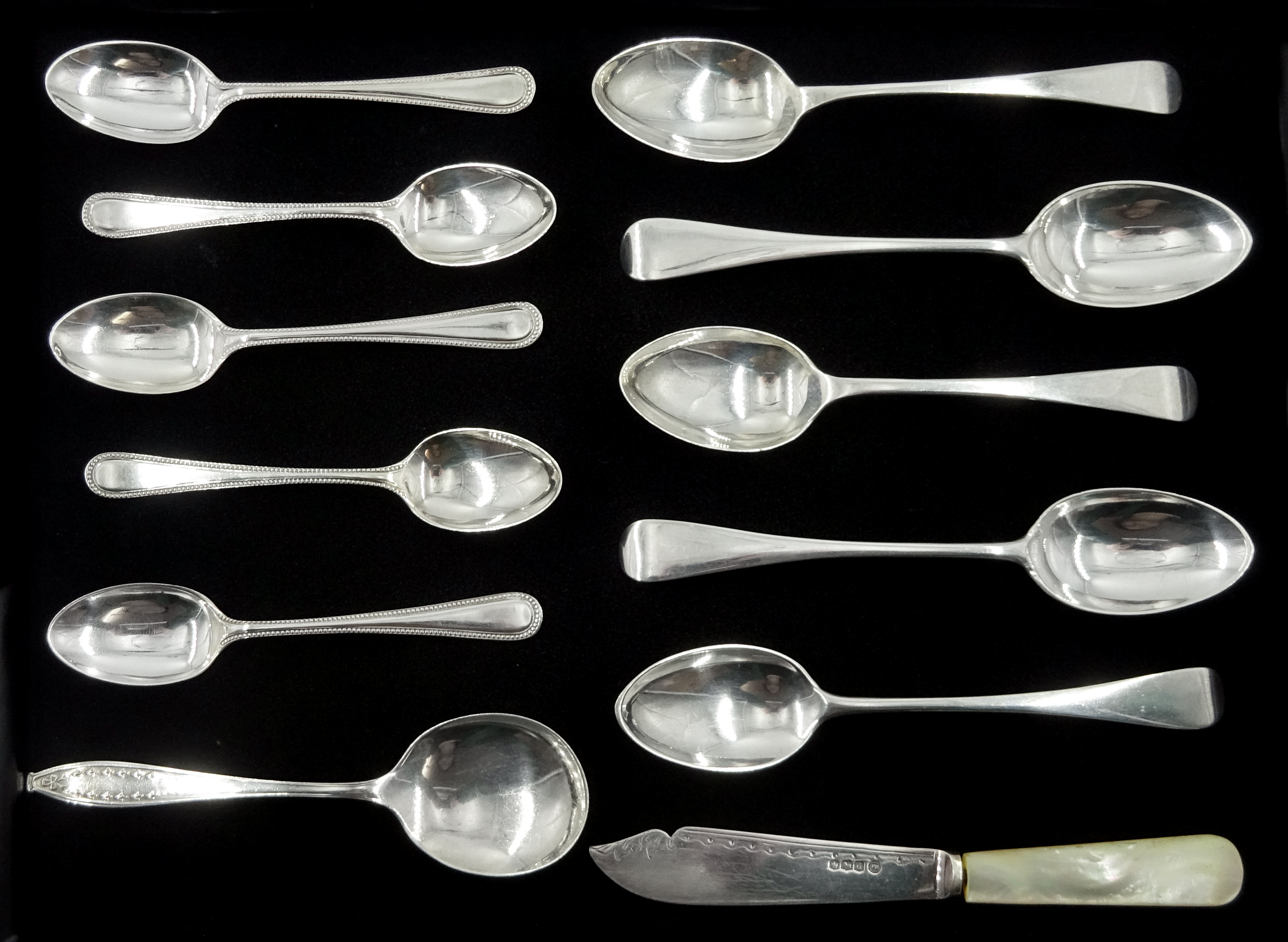 Five early 20th century silver Old English pattern teaspoons, five silver coffee spoons, silver butt