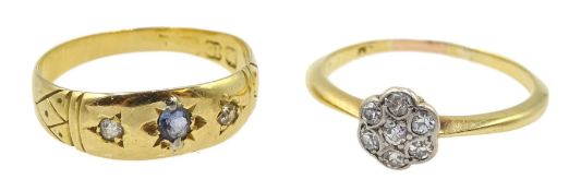 Gold old cut diamond flower cluster ring and a sapphire and a Victorian diamond gypsy set ring, both