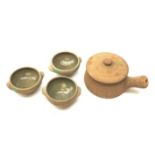 A Leach Pottery lidded casserole dish, including handle L25cm, together with three bowls, D14.5cm, e