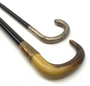A silver mounted walking cane, hallmarked Thomas Davis, London 1913, together with a horn handled an