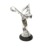 A cast Rolls Royce Spirit of Ecstasy car mascot, raised upon a circular stepped wooden base, H36cm.