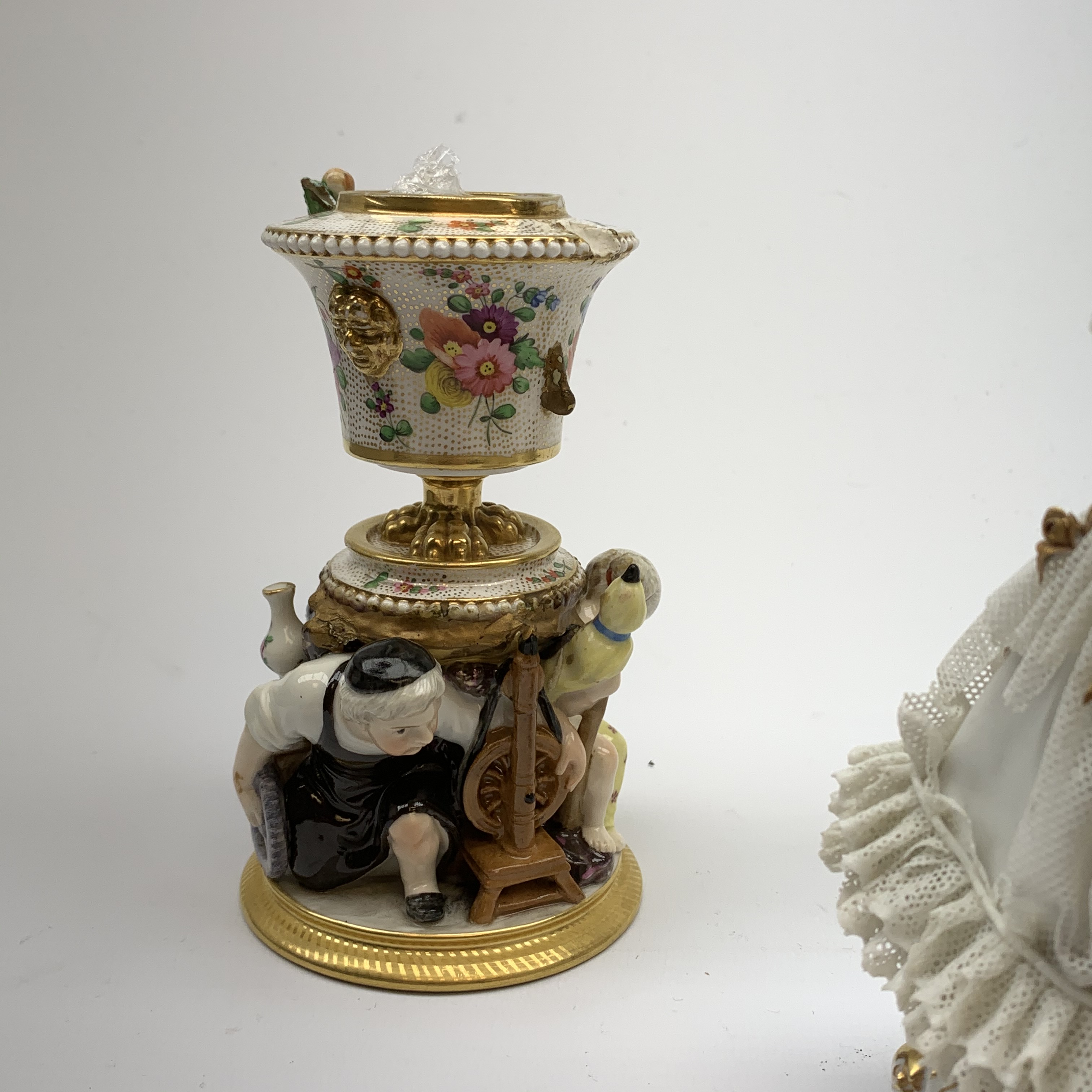 A 20th century Sitzendorf porcelain figurine, modelled in lace dress detailed with gilt flowers and - Image 3 of 8