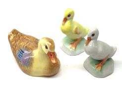 A Herend porcelain model of a Duck, together with two Herend Ducklings, each with printed mark benea