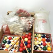 A boxed set of snooker balls, two boxed sets of pool balls, and quantity of unused cricket gloves an