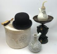 A boxed Lock & Co Hatters St James St London bowler hat, together with a set of Salters cast iron sc