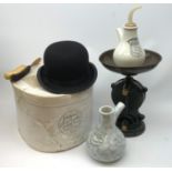 A boxed Lock & Co Hatters St James St London bowler hat, together with a set of Salters cast iron sc
