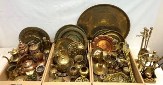 A large collection of assorted brass and copper, to include a large Eastern brass charger, D57.5cm,