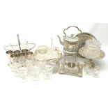 A quantity of assorted silver plate and other metalware, to include a spirit kettle, pedestal bowl,