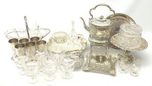 A quantity of assorted silver plate and other metalware, to include a spirit kettle, pedestal bowl,