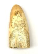 A 19th century whales tooth scrimshaw, detailed with a lady in Victorian dress, H12.5cm.