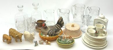 A selection of ceramics and glassware, to include a Victorian pottery butter dish, the lid moulded i