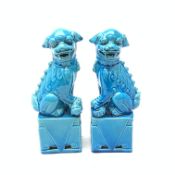 A pair of Chinese turquoise glazed temple dogs, each seated upon rectangular plinths, one resting th