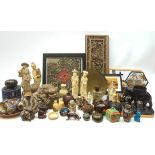 A collection of assorted Oriental wares, to include a number of carved ivorine figures, carved woode