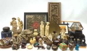 A collection of assorted Oriental wares, to include a number of carved ivorine figures, carved woode