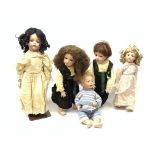 A group of five reproduction bisque head dolls, one example marked K&R to neck (Kammer and Reinhardt