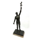 A bronzed spelter figure, modelled as an Olympian, raised upon a rectangular base, overall H41cm.