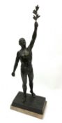 A bronzed spelter figure, modelled as an Olympian, raised upon a rectangular base, overall H41cm.